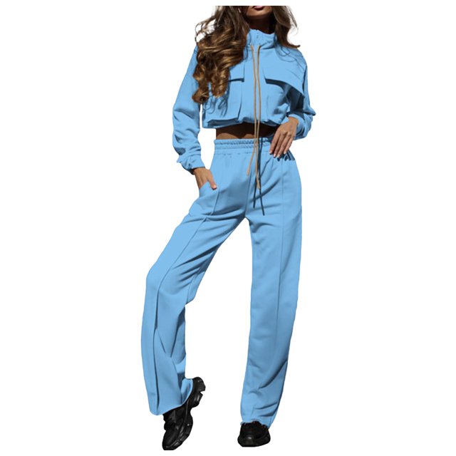Fgnfyis Womens Tracksuits Set Womens Cargo Pant Two Piece Outfit Drawstring Full Zip Cropped Work Jacket and Drawstring Long Pant Sets Casual Pocket Solid Color Sweatsuit Trousers Sets Sky Blue XL