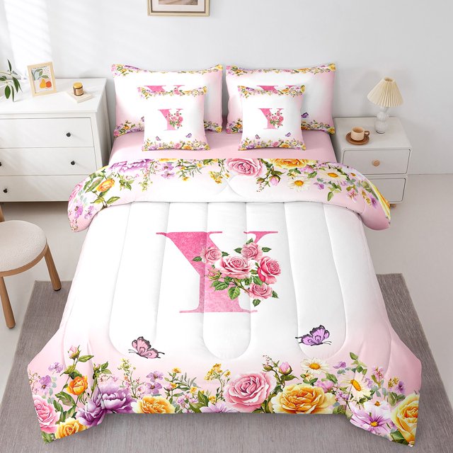 Erosebridal Ensemble de Literie Tout-en-un Format Double pour Ados, Ensemble de Lit à Motif de Roses, Décoration de Chambre avec Papillons, Réversible, 7 Pcs
