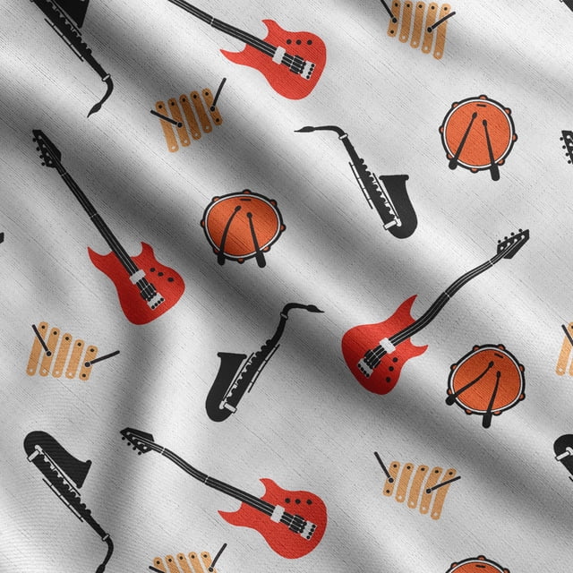 Soimoi Musical Instruments Print, Velvet Fabric, Decor Sewing Fabric by The Yard 54 Inch Wide,Decorative Fabric for Upholstery and Home Accents, Orange