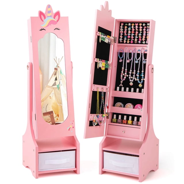 Costway Armoire à Bijoux pour Enfants avec Tiroir Miroir Pleine Longueur 2 Angles d'Inclinaison Réglables Rose