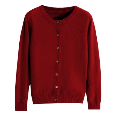 Hontri Cardigans pour Femmes Légers Offres à Moins de 15 $, Cardigan Basique pour Femmes à Col Rond, Manches Longues, Boutonné, Manteau Court en Molleton à Col Rond pour Femmes Rouge G