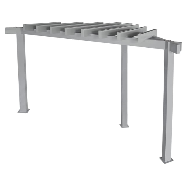 Sojag Lima 10 x 10 x 8 ft Grey Rustproof Aluminum Frame Pergola with a triangular grey extruded aluminum frame and three vertical support posts, featuring rustproof coating for outdoor shade and patio use.