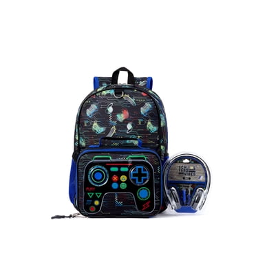 Ensemble sac à dos 3 pièces Schoolyard Vibes Gamer 17 pouces avec casque audio et boîte à lunch pour enfants.