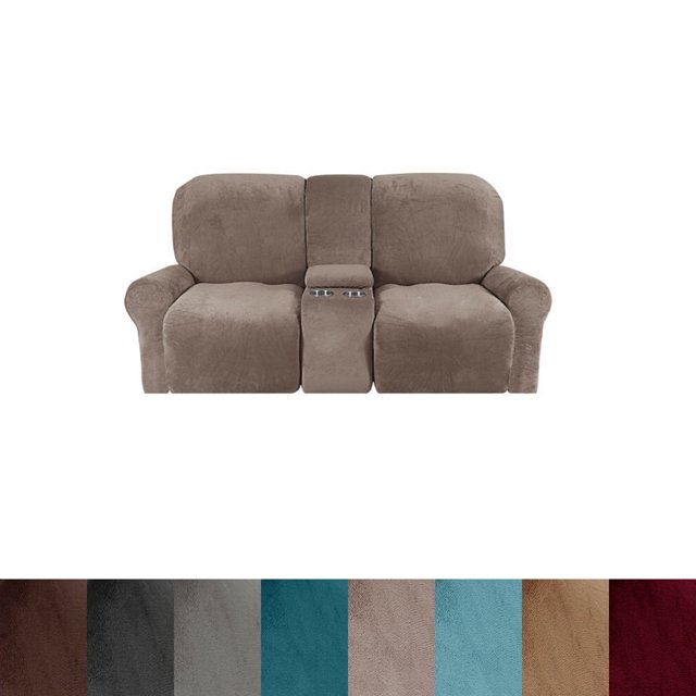 CHOK 2024 Housse de Causeuse Inclinable avec Console Centrale Housse Extensible en Velours pour Fauteuil Inclinable 2 Places avec Porte-Gobelet