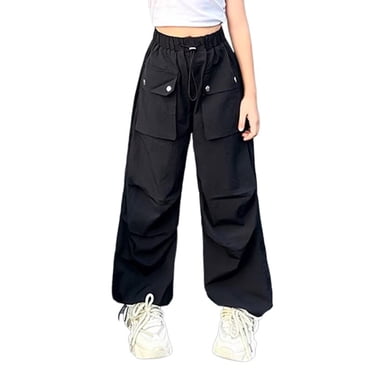 MIASHUI Girls Casual Pants Loose Fit Wide Leg Cargo Pants Jogger with Pocket,Black,6-7 Years