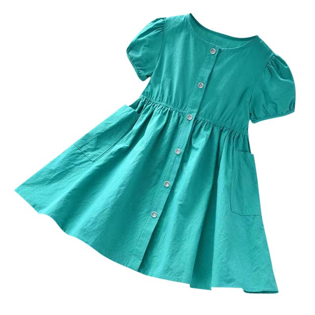 Yanlir Robe à Boutons à Col Rond pour Filles 2-7 Ans Été à Manches Courtes Mignonne avec Nœud Robe de Princesse pour Occasions Confortables et Polyvalentes (Vert, 3 Ans)