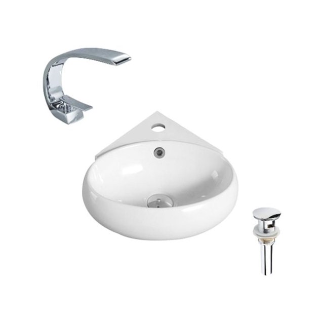 DROP Bath and Kitchen DR091288 Bathroom Vessel Sink Set with a white oval ceramic vessel sink designed for corner wall-mount installation, including a chrome single hole faucet and chrome drain with overflow, all with a glossy finish ideal for kitchen renovation and drop-in sink setups.