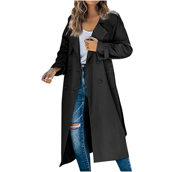 IROINID Women's Long Trench Coat Notch Lapel Solid Color Long Sleeve Double Breasted Coat Trench Coat Hoodless Casual Outwear, Black