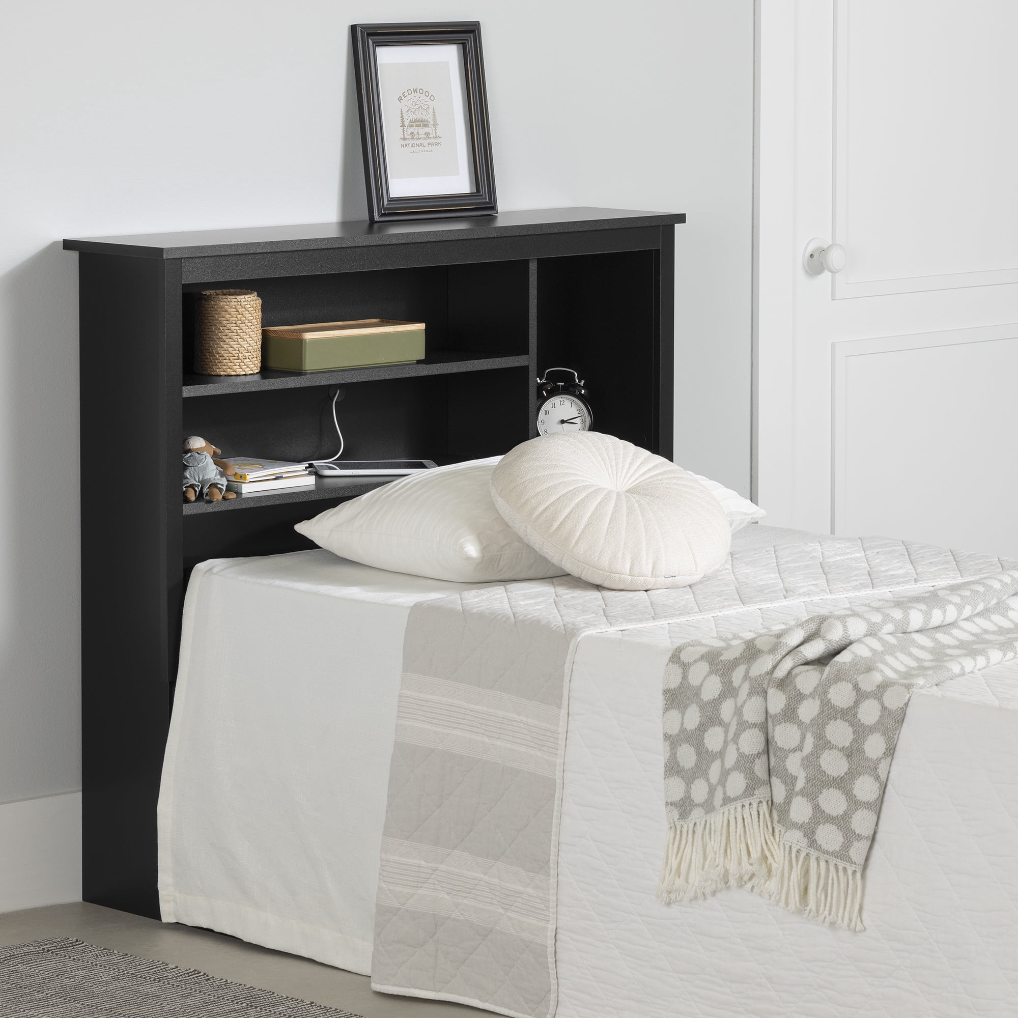 South Shore Vito Twin Bookcase Headboard with Storage, in Pure Black