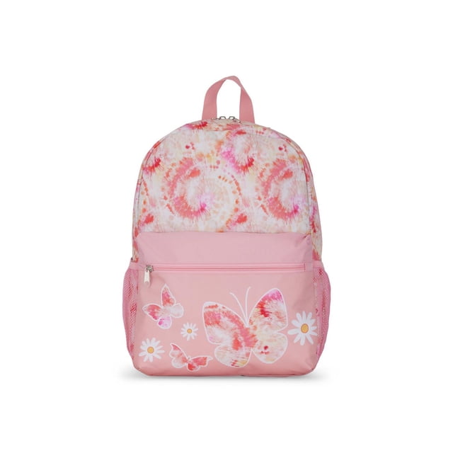 Bondstreet Backpack for girls with main compartment, front-facing with pink tie-dye swirl pattern on the upper section and solid pink lower front pocket featuring three tie-dye butterflies and white daisies. Made from durable 300D polyester, it includes a zippered main compartment, front zippered pocket, side mesh pockets, padded back, and adjustable shoulder straps, ideal for school and suitable for carrying art supplies or small toys.
