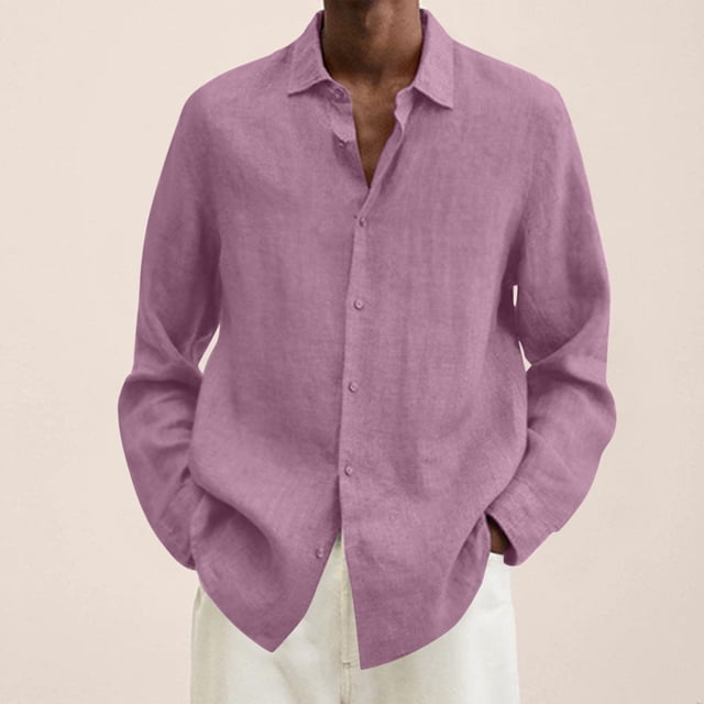 EGNMCR Chemises à Manches Longues pour Hommes Automne Mode Décontractée Couleur Unie Bouton Col Rabattu Hauts Blouse Confortable Coton Chemises de Travail de Bureau