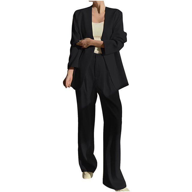 Timegard 2 Piece Suits Set for Women Button V Neck Open Front Jackets Business Office Wide Leg Pant Blazer Outfits