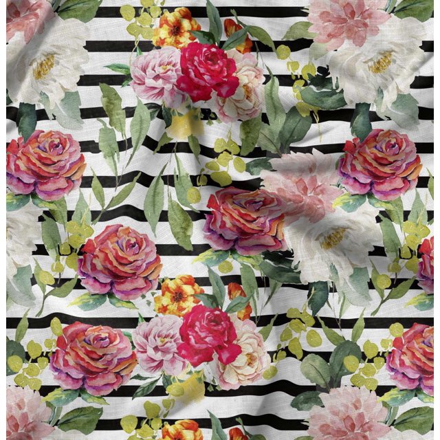Soimoi White Poly Georgette Fabric Stripe & Grandiflora Roses Floral Print Sewing Fabric Yard 42 Inch Wide