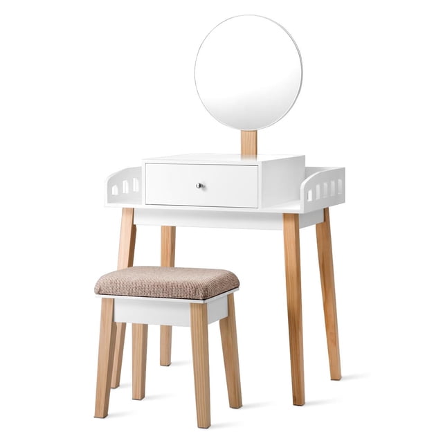 Giantex Vanity Dressing Table Set with Cushioned Stool & Height-Adjustable Large Mirror, Makeup Dressing Table Desk with Large Drawer for Home Office Bedroom Contemporary Vanity Table Desk, White