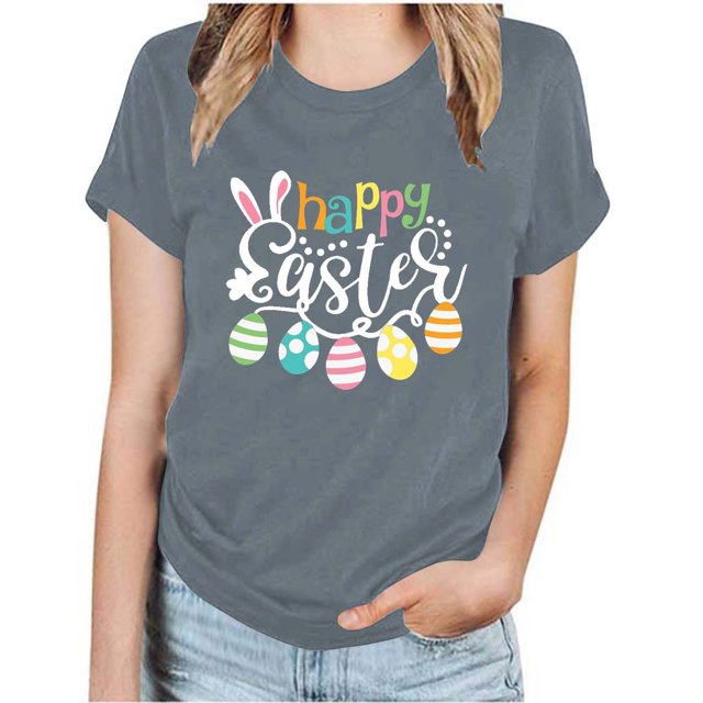 RKSTN Hauts pour Femmes 2024 Été Décontracté Ample Grande Taille Imprimé Graphique Lapin de Pâques Blouse Mode Col Rond Manches Courtes T-shirt