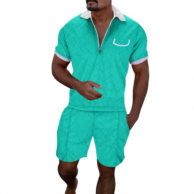FhsagQ Men's Shirts Mens Shirts Tops No Fly Male Casual Striped Gradient Ramp Print Two Piece Suit Zipper Short Sleeve Top Blouse Suit Drawstring Pocket Short Set Green XXXL