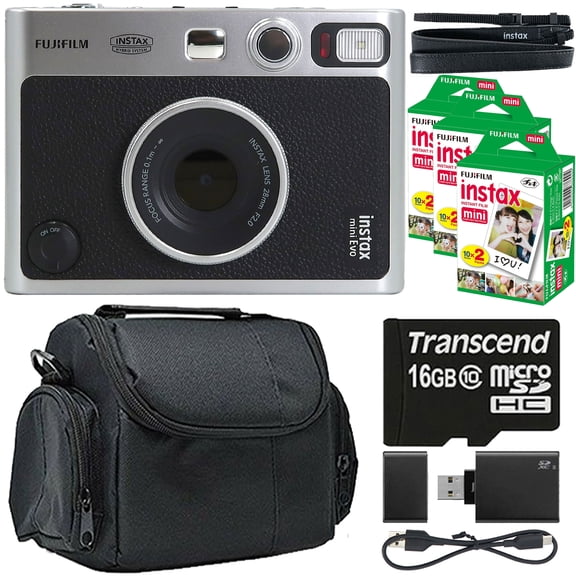 FUJIFILM INSTAX MINI EVO Appareil Photo Instantané Hybride (Noir) + 3x Film FUJIFILM 2x10 MINI INSTAX Film Pack + Étui BePro BC-1 (Petit) + Carte Mémoire MicroSD Transcend 16 Go avec Adaptateur + Lecteur de Carte Mémoire