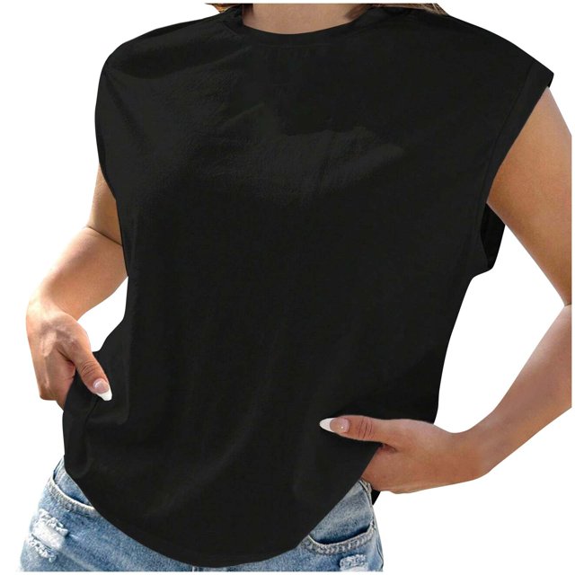 AherBiu Hauts d'Été pour Femmes à Manches Cap, Haut Basique, T-Shirts, Chemises, Confortable, Couleur Unie, Blouse à Col Rond