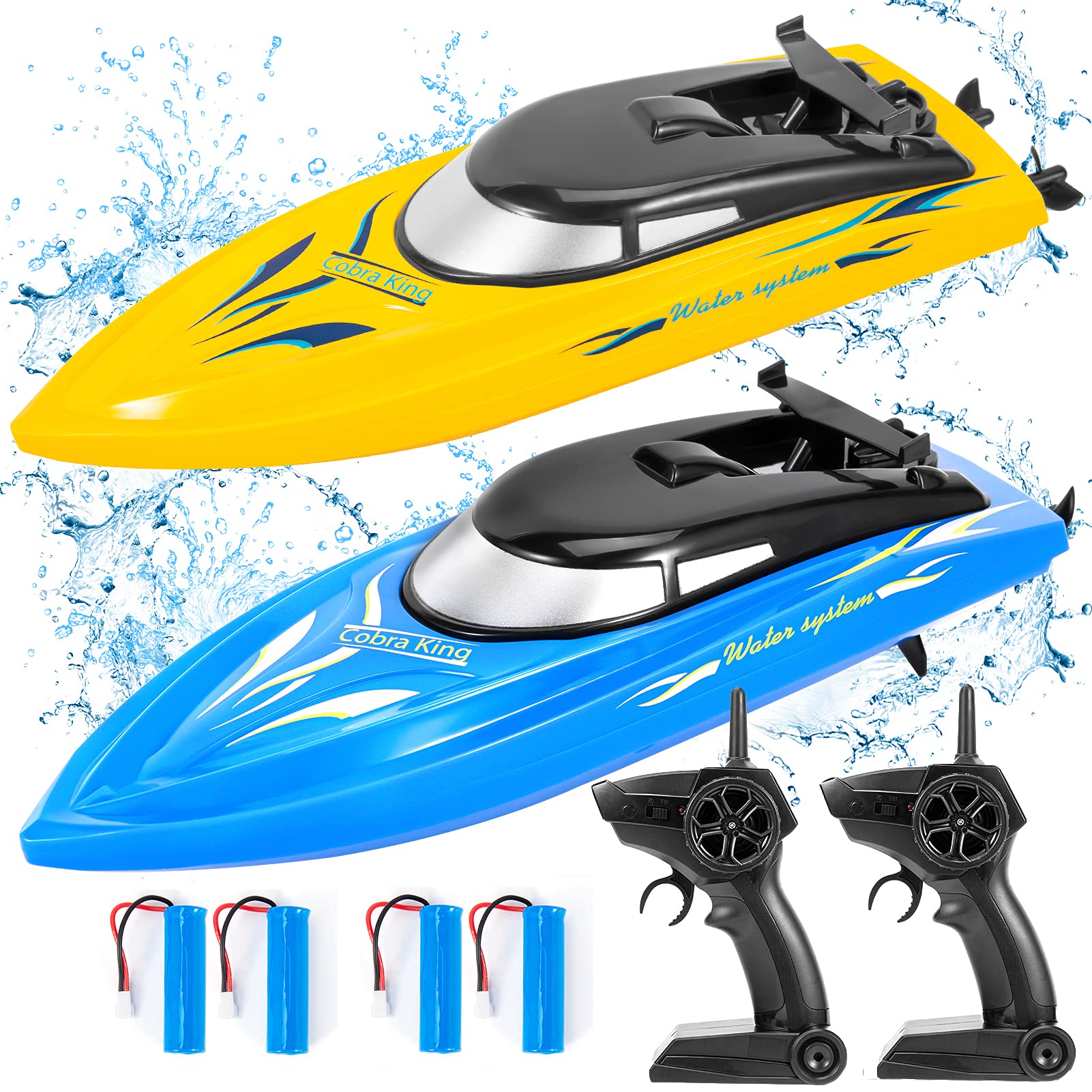 Lumiparty Lot de 2 Bateaux RC, Bateaux Télécommandés pour Enfants et Adultes, Bateau Télécommandé Haute Vitesse 10 Km/h 2,4 g, Bateaux RC Rapides pour Piscines et Lacs avec 4 Batteries Rechargeables. (Bleu+y