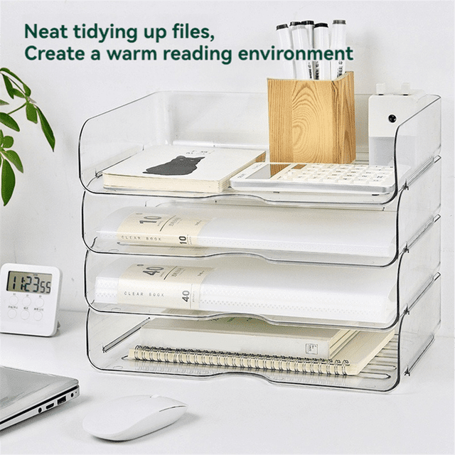 Office Organization and Storage, Letter Tray Desk Organizer, Stackable Document Organizer with four transparent PET plastic trays. The organizer is displayed holding books, notepads, and stationery, alongside a wooden pen holder and a calculator on a desk. Suitable for organizing A4 files, documents, and paper supplies.