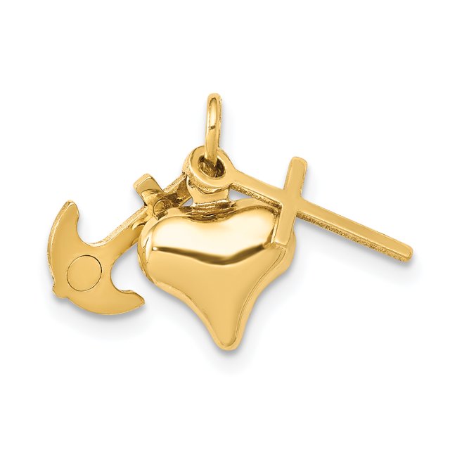 14K Yellow Gold Faith, Hope and Charity Charm featuring a polished gold heart, cross, and anchor design. The charm measures 19mm in length and 20mm in width, crafted from 14K yellow gold with an approximate weight of 0.65 grams. Suitable as a pendant or charm, it comes with a gift box.