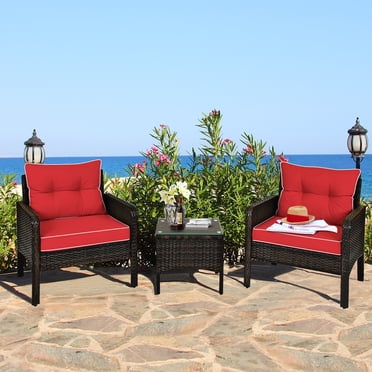 Gymax 3PCS Patio Outdoor Rattan Furniture Set w/ Coffee Table Red Cushion