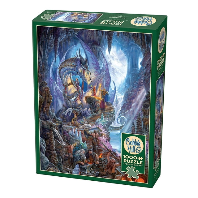 Cobble Hill Casse-Tête - forge du Dragon, Casse-Tête de 1000 Pcs. la Boîte Présente une Scène Fantastique Détaillée par l'Artiste Matthew Stewart, Mettant en Vedette la Queen Ice Dragon dans une forge Caverneuse avec des Nains Préparant Son Armure Cérémoniale. le Casse-Tête Terminé Mesure 19,25 x 26,625 Pouces et Est Livré avec une Affiche de Référence. Fabriqué aux É.-U. avec des Pièces Découpées au Hasard, du Papier de Lin
