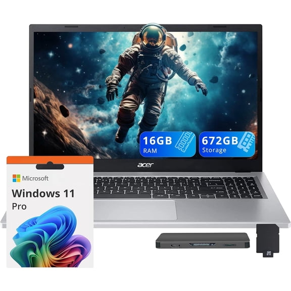 acer Aspire 3 Laptop, 15.6" FHD Display, AMD Ryzen 7 7730U, 16GB RAM, 672GB Storage (512GB SSD+160GB Docking Station Set), AMD Radeon Graphics, Backlit Keyboard, Num Pad, Wi-Fi 6, Win 11 Pro, Silver