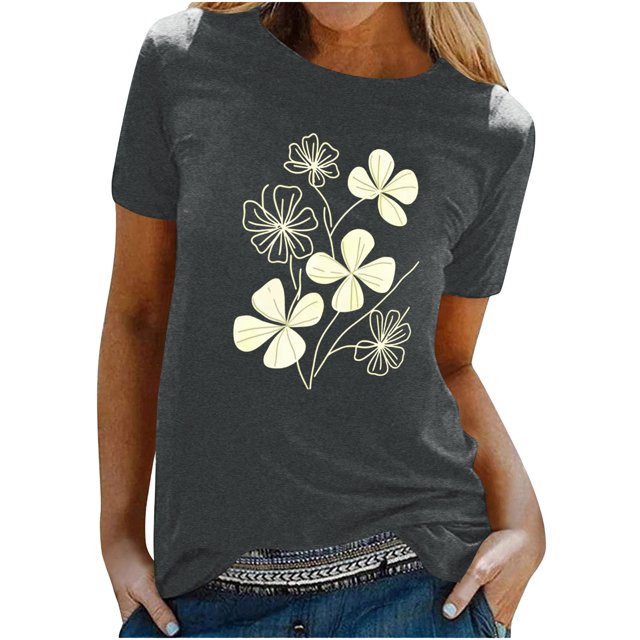 KIHOUT Nouveau Haut de Mode d'Été pour Femmes 2025, T-Shirt à Manches Courtes à Col Rond Décontracté à Imprimé Floral Gris Foncé L