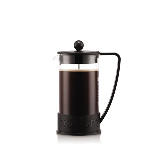 Bodum 10938-01B Brazil French Press Coffee and Tea Maker, 34 Ounce, Black, front view showing dark brewed coffee in a heat-resistant borosilicate glass carafe with black BPA-free polypropylene handle and base featuring Bodum branding, stainless steel plunger with round knob lid, suitable for brewing coffee and steeping loose leaf tea without paper filters.