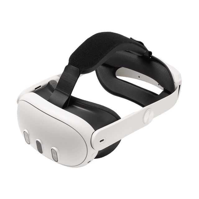 PowerA Courroie de Tête Confortable pour Meta Quest 3 / 3S Montrée dans une Vue Inclinée aux 3/4 avec un Cadre Blanc, Rembourrage en Maille Noire Rembourrée sur les Sangles Arrière et Supérieure, Cadran Arrière Ajustable pour l'Ajustement, et Articulations Latérales Rotatives pour le mode Relevable, Assurant un Port Sécuritaire et Confortable du Casque VR compatible avec les Écouteurs.
