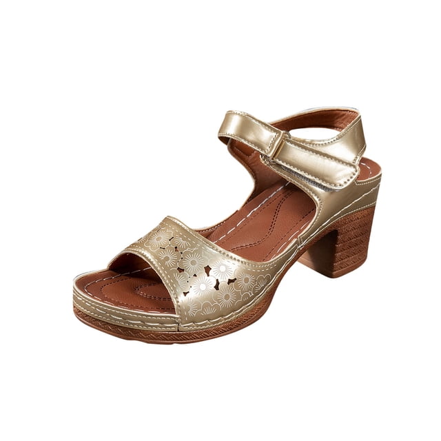 Sandals for Women, Fish Mouth Design with Hook-and-Loop Ankle Strap, Thick Block Heel, Faux Leather Upper, Cushioned Insole, Breathable Open-Toe