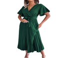 thumbnail image 4 of Women Casual Long Dress V Neck Short Sleeve Pleated Dress with Belt, 4 of 7