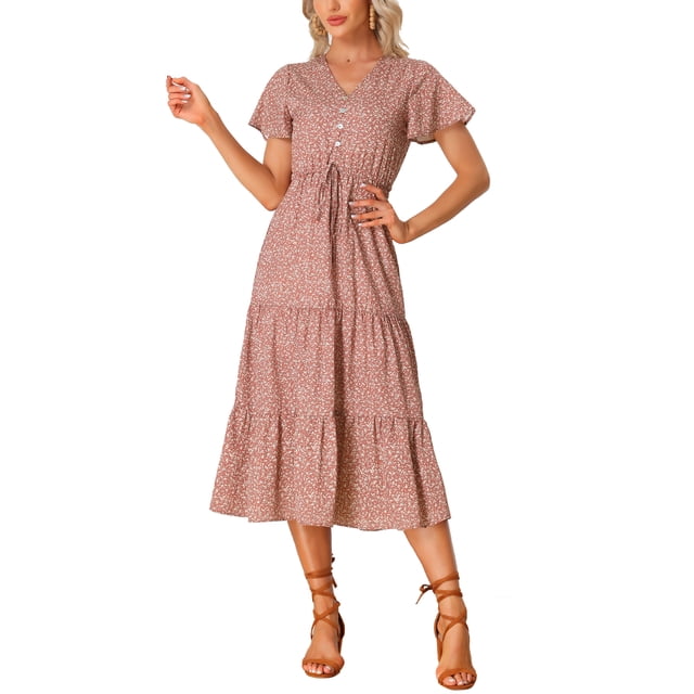 INSPIRE CHIC Robe Bohème d'Été pour Femme Décontractée à Manches Courtes, Col en V, à Volants, Midi à Fleurs, Rouge, TP