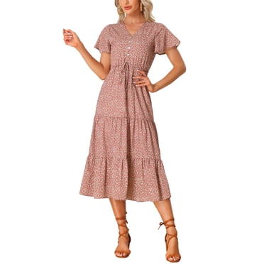 INSPIRE CHIC Women's Summer Boho Dress Casual Short Sleeve V Neck Tiered Floral Midi Dresses Red XS
