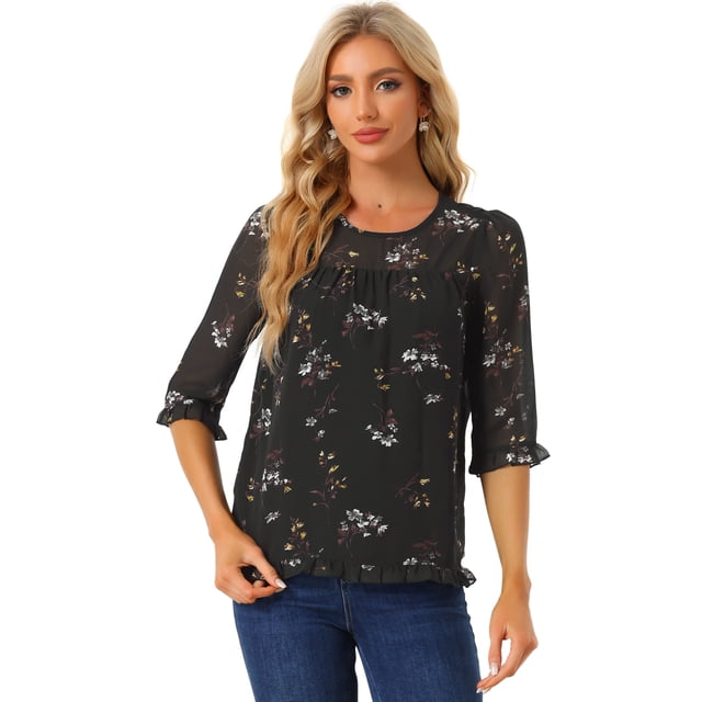 INSPIRE CHIC Women's Floral Print Chiffon Ruffle 3/4 Sleeve Flowy Blouse