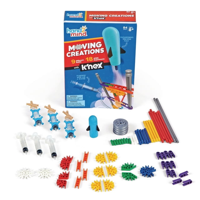 Hand 2 Mind Moving Creations with K'Nex STEM building set with 84 multicolour pieces including syringes, gears, rods, connectors, and a blue pump, designed for ages 8 and up to build 9 moving models and conduct 18 experiments teaching engineering and scientific method principles.