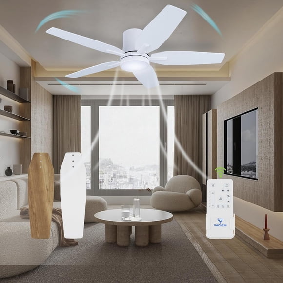 VAGIZM 42 Inch Flush Mount Ceiling Fan with Light - 5 Blades Modern Ceiling Fan for Living Room and Bedroom - Quiet DC Motor - Dimmable - Reversible Function - White