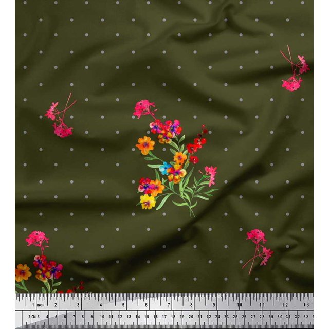 Soimoi Modal Satin Fabric Dot,Leaves & Periwinkle Floral Decor Fabric Printed Yard 42 Inch Wide