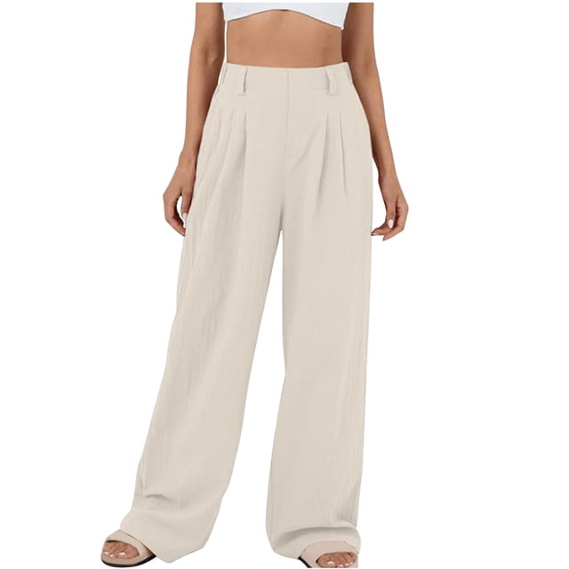 AherBiu Pantalons Décontractés pour Femmes Coton Lin Taille Haute Jambe Droite Pantalons Habillés