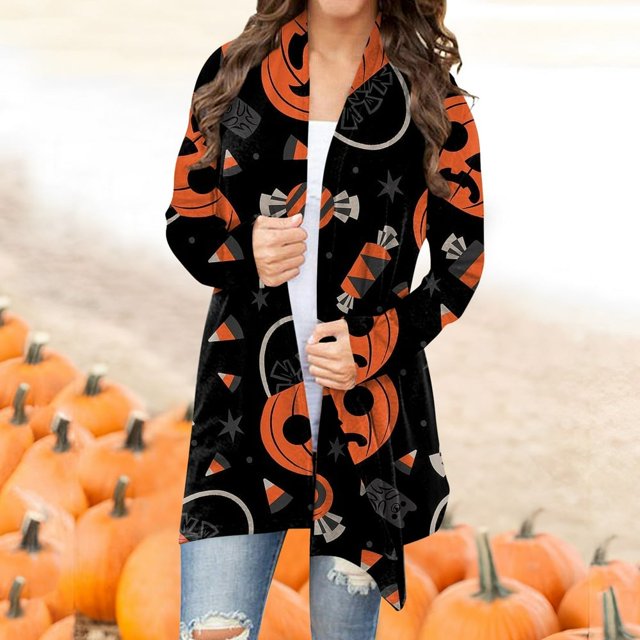 Women‘s Halloween Cardigan Sweater Skull Pumpkin Print Pattern Long Cardigans Sweater Coats Tops Ginger M