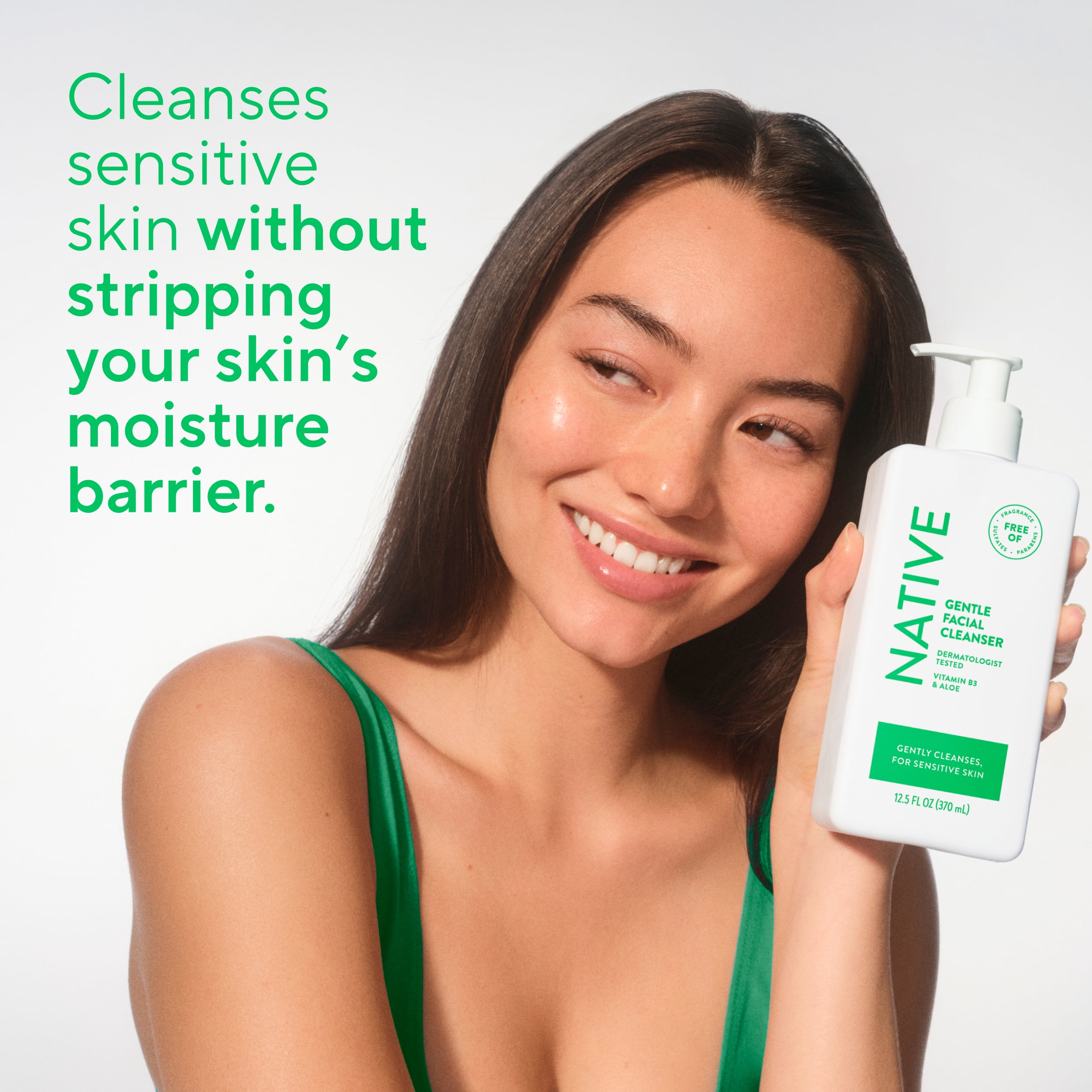 Nettoyant doux pour le visage Native pour peau sensible, sans parfum, sans sulfate, avec vitamine B3 et aloès, testé dermatologiquement, 370 mL