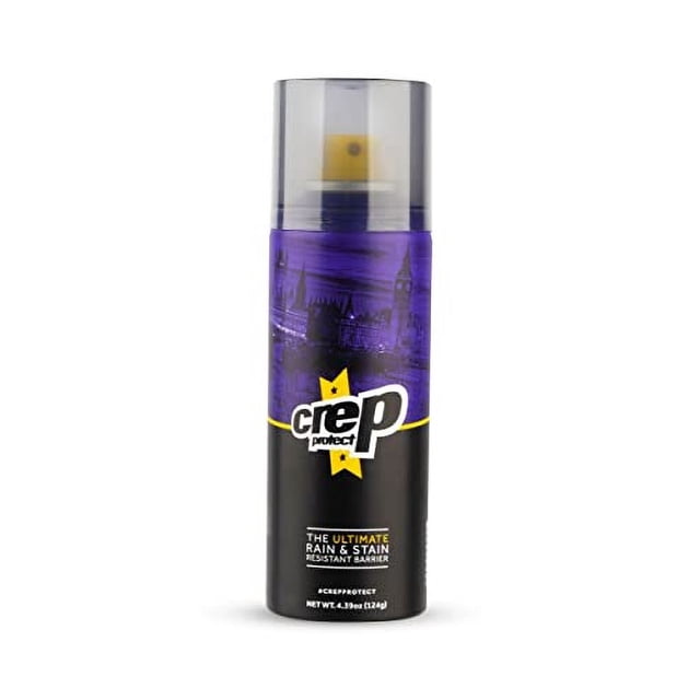 Crep Protect Shoe Protector Spray in a black and purple bottle with a transparent cap and yellow spray nozzle. Designed for rain and stain waterproof nano protection, suitable for sneakers, leather, nubuck, suede, and canvas. Perfect for shoe leather and suede care.