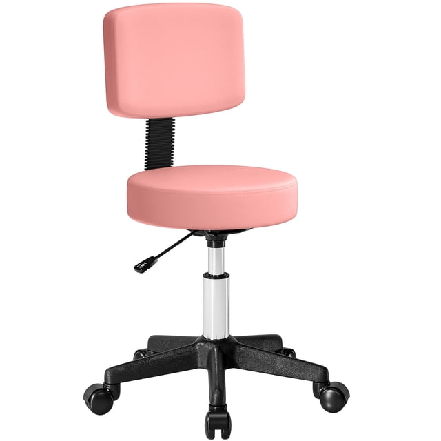 HOMCOM Rolling Stool with Wheels, Swivel Stool with Back Support, Pink