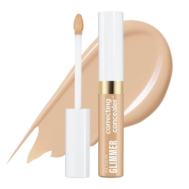 Glimmer Brightening Concealer™ by Revlon, buildable coverage correcting concealer in beige with white cap and gold band, shown with applicator wand and creamy swatch, designed to brighten and colour correct under-eyes and smooth fine lines.