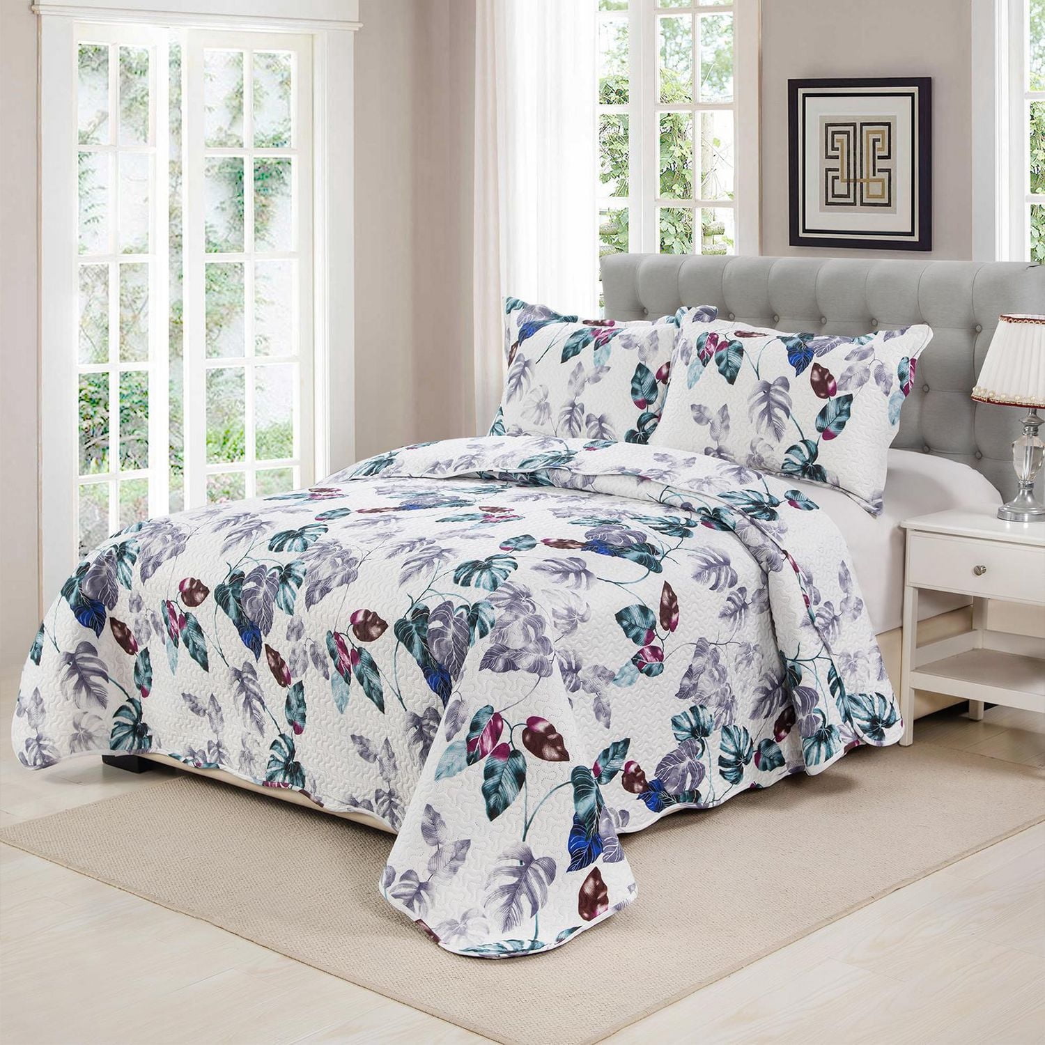Marina Decoration Rich Printed Embossed Pinsonic Coverlet Bedspread Ultra Soft Bedding Summer Quilt Set with Shams, Modern Green Leaves Pattern