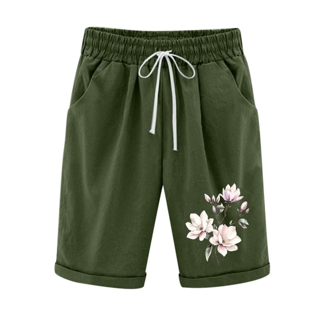 Women Printed Elastic Waist Drawstring With Casual Pockets Shorts