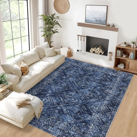 GlowSol 8x10 Geometric Washable Area Rug, Non-Slip Stain Resistant Low Pile Floor Carpet for Living Room Bedroom Home Decor, Blue