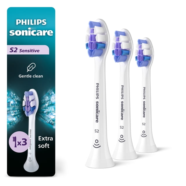 Philips Sonicare S2 Sensitive 3pk White Brush Heads with three white electric toothbrush replacement heads featuring extra soft blue and white bristles designed for gentle cleaning of sensitive teeth and gums, compatible with Philips Sonicare click-on electric toothbrushes, shown with packaging highlighting gentle clean and 3-pack quantity.