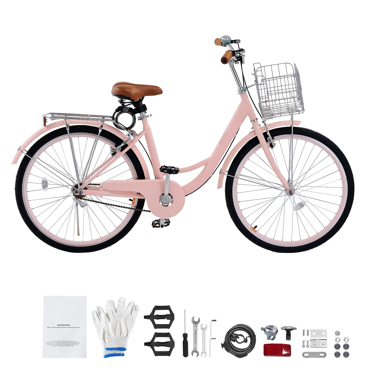 KFFKFF Cruiser Bike, 1-Speed, 26-Inch Pink Beach Cruiser Bike with Large Capacity Basket and Rear Rack, Secure & Sturdy Cruiser Bike with Adjustable Seat, Fits for Cycling